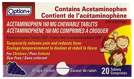 An image of OPTION+ ACETAMINOPHEN CHILD GRAPE TB 160G 20 by Towngate Pharmacy